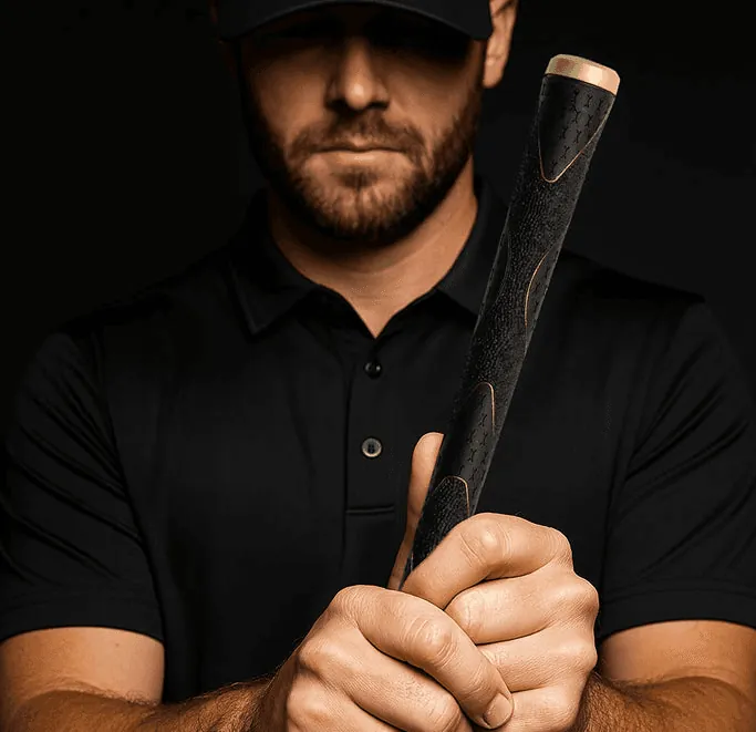 Hands gripping a freshly regripped golf club